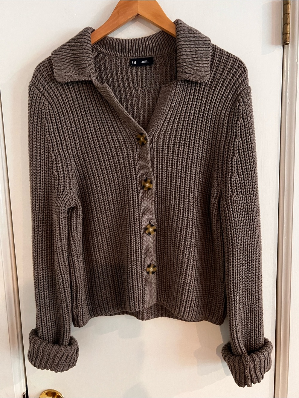GAP Women's Grey Ribbed Button-Up Cotton Cardigan w/ Collar